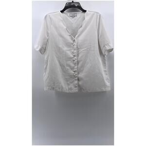 RIHOAS Women's White Scalloped-Trim Short Sleeve Faux Pearl Button-Up Top SZ S